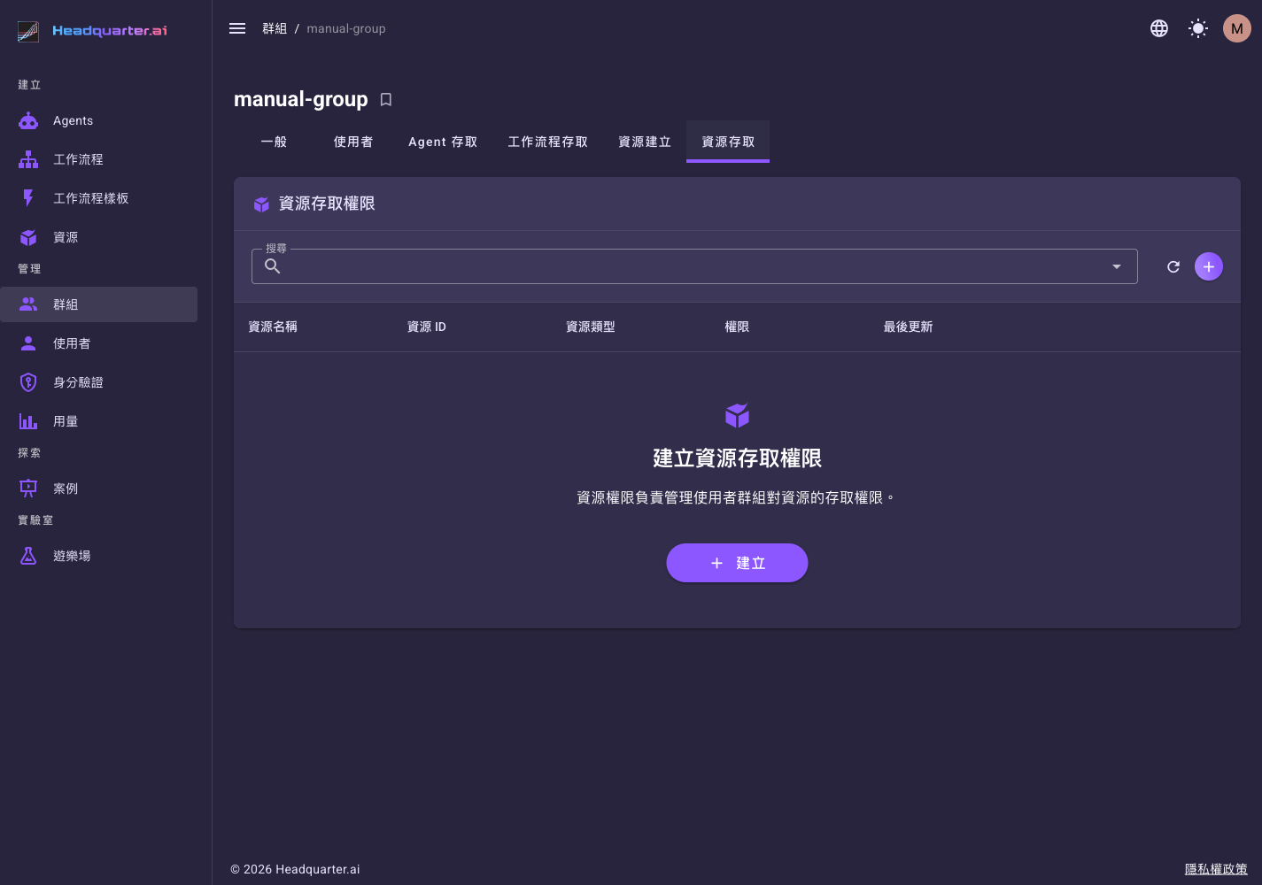 資源存取分頁的權限清單
