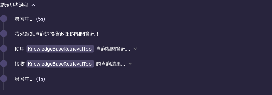 展開「顯示思考過程」後的時間軸，依序為思考中、使用 KnowledgeBaseRetrievalTool 查詢、接收查詢結果、再思考