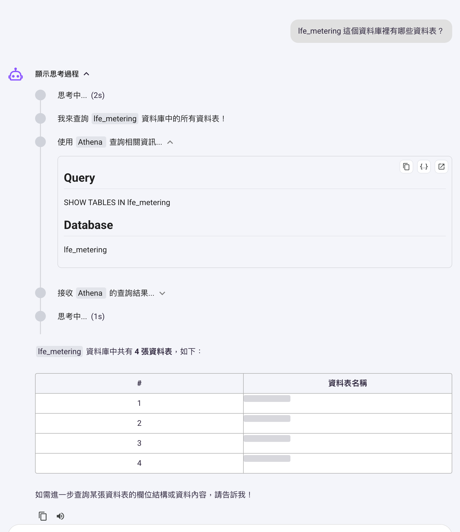 Agent 對話畫面:使用者問資料庫裡有哪些資料表,可展開的卡片顯示 Agent 送出的 SHOW TABLES 語句與目標資料庫,Agent 再把查回來的表名整理成清單,清單中的名稱已遮蔽