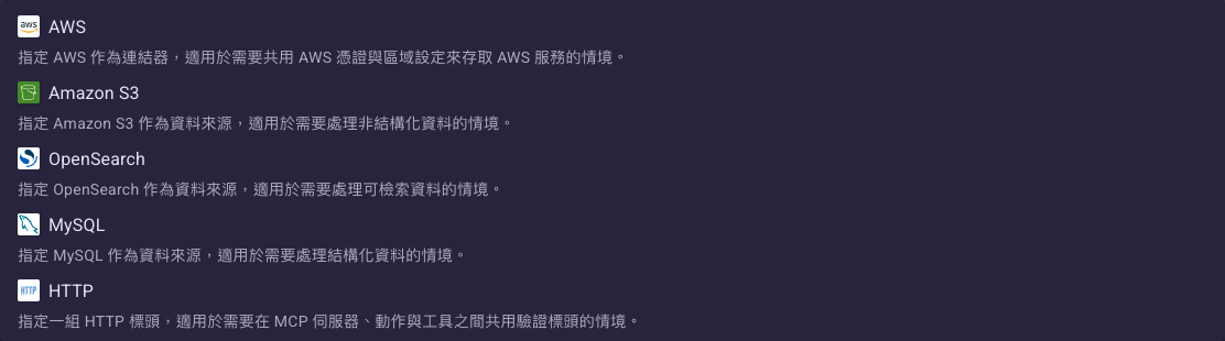 建立連結器的「類型」下拉，列出 AWS、Amazon S3、OpenSearch、MySQL、HTTP 五種類型