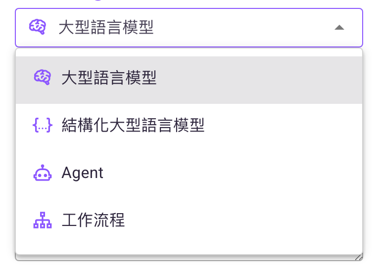 「執行器類型」下拉選單展開,四個選項依序為大型語言模型、結構化大型語言模型、Agent、工作流程,目前選中的是大型語言模型