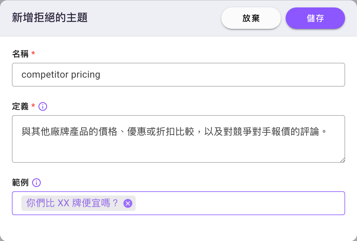「新增拒絕的主題」對話框，名稱為 competitor pricing，定義描述競品價格比較，範例欄有一個 chip