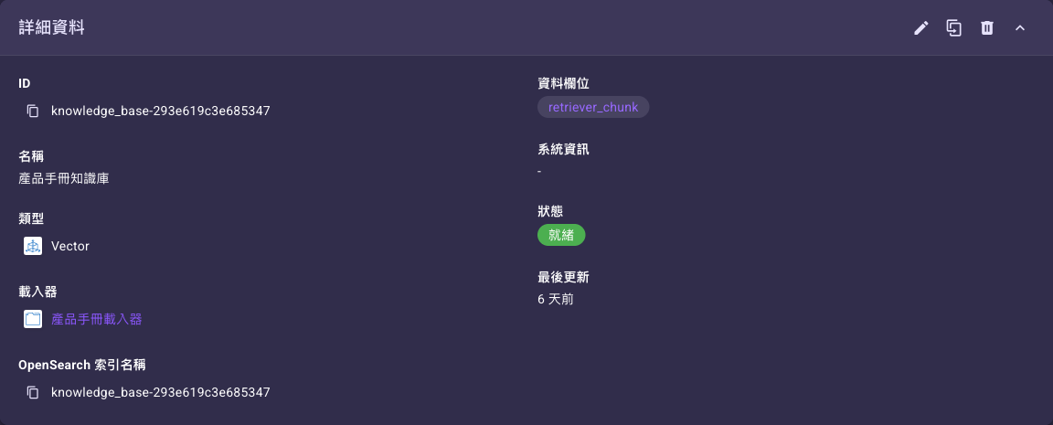 知識庫詳細頁的「一般」頁籤，顯示 ID、名稱、類型、載入器、OpenSearch 索引名稱、資料欄位、系統資訊與狀態