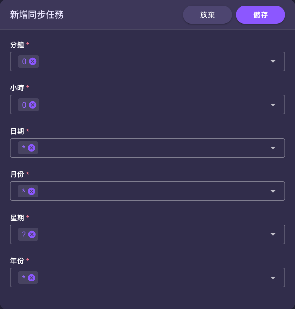 「新增同步任務」對話框，以分鐘、小時、日期、月份、星期、年份六欄組成 AWS cron 排程