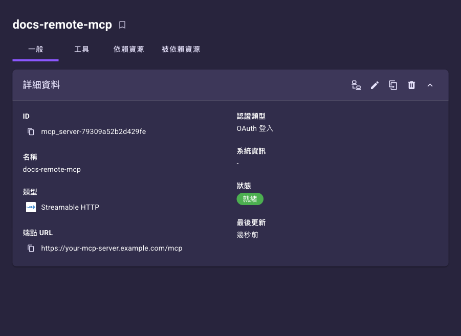 MCP 伺服器詳細頁的「一般」頁籤，顯示 ID、名稱、類型、端點 URL、認證類型與狀態，上方有「一般」「工具」「依賴資源」「被依賴資源」四個頁籤，卡片右上角有測試連線、編輯、複製、刪除圖示鈕