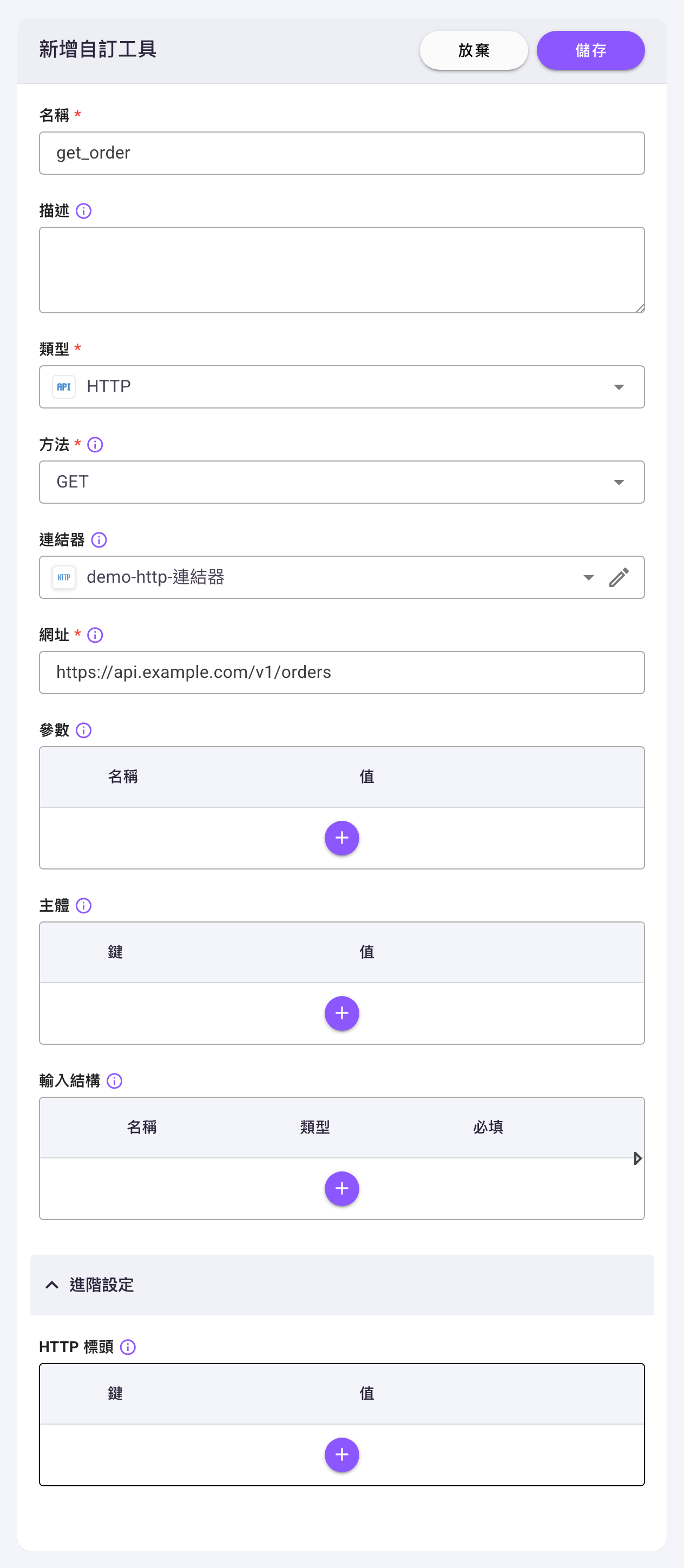 「新增自訂工具」對話框，類型選「HTTP」，下方依序為「方法」（GET）、「連結器」、「網址」、「參數」與「主體」兩張鍵值表格、「輸入結構」，以及已展開的「進階設定」內的「HTTP 標頭」表格