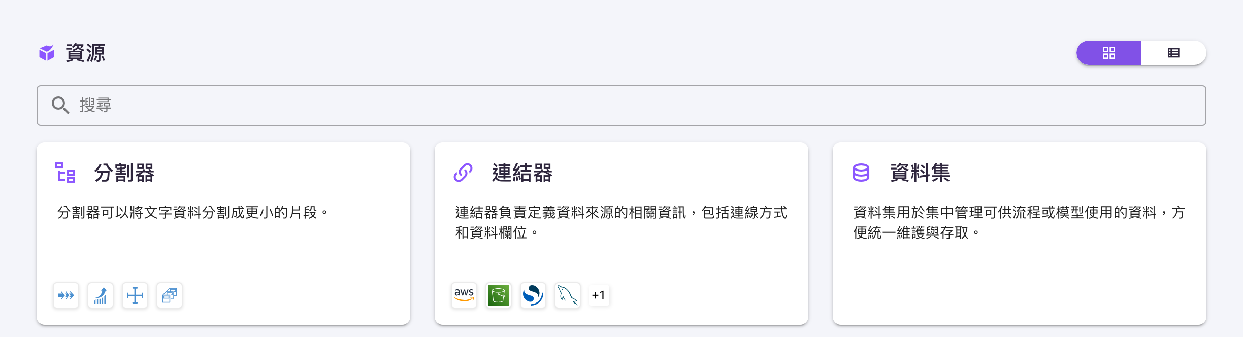 資源目錄頁的卡片檢視，右上角是卡片檢視與列表檢視的切換鈕，下方為各類資源卡片