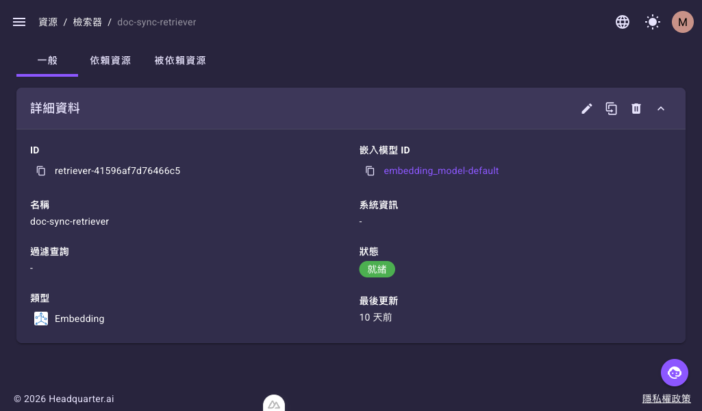 檢索器詳細頁的「一般」頁籤,顯示 ID、名稱、過濾查詢、類型、嵌入模型 ID 與狀態,上方有「一般」「依賴資源」「被依賴資源」三個頁籤