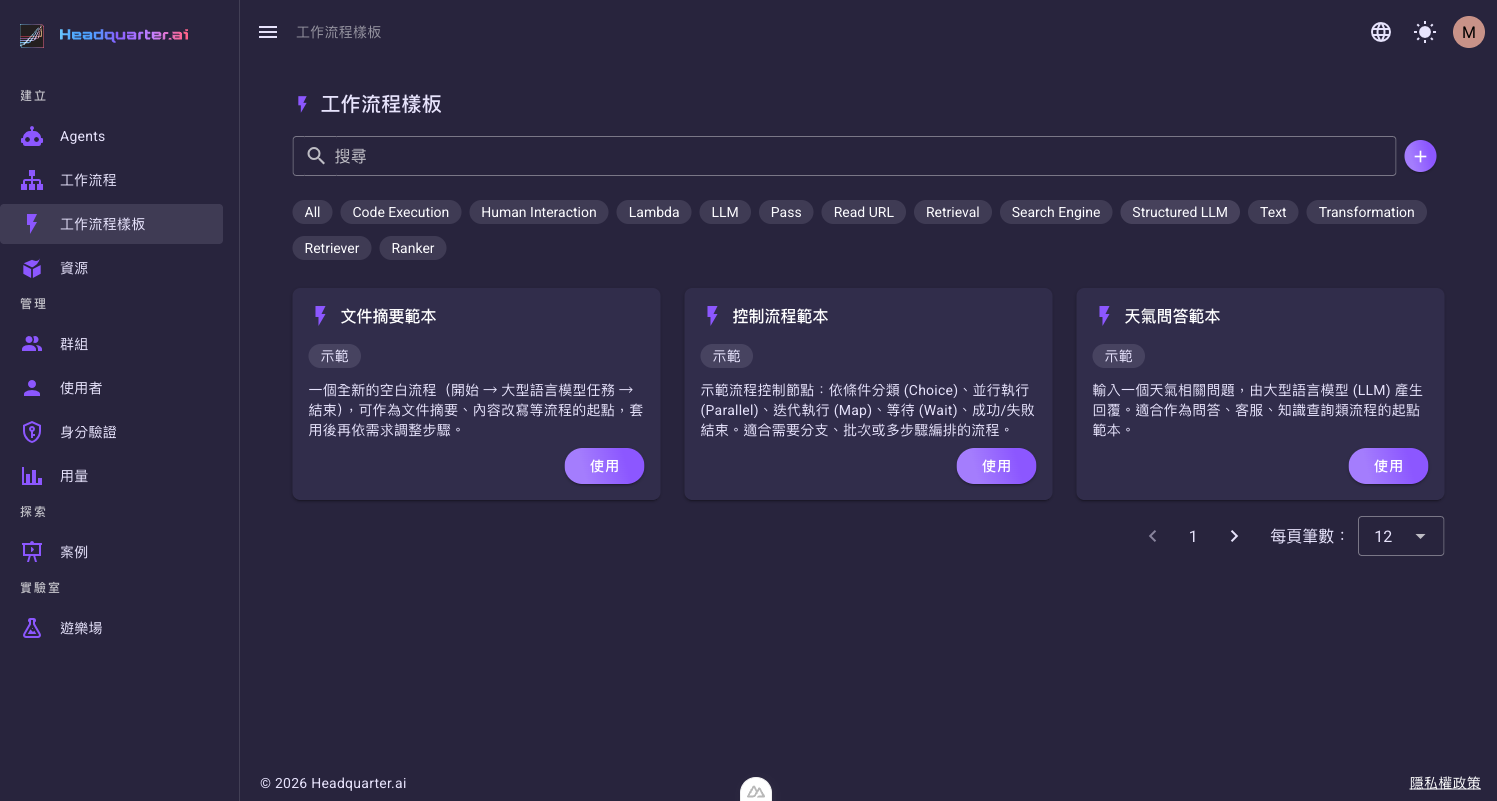 工作流程樣板庫:以卡片列出可用樣板,每張卡片右下角有「使用」按鈕